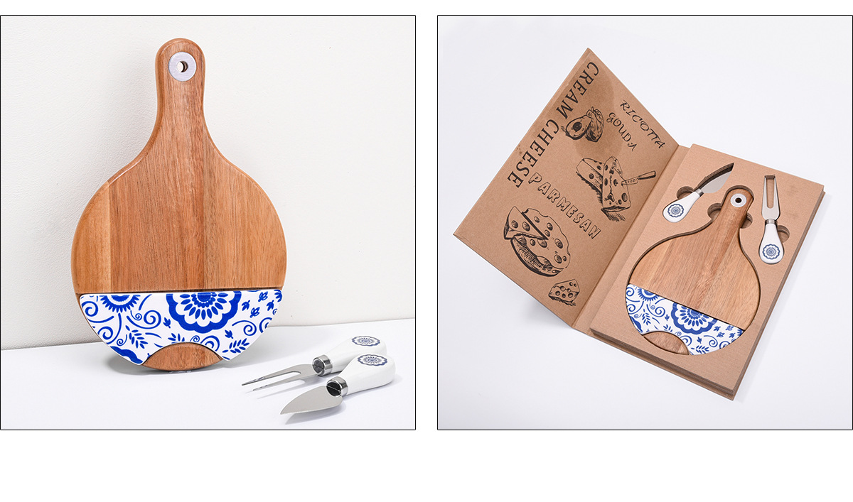 Wood and Ceramic Cheese Board Gift Set – 23.5×15.5cm Serving Board with Cutlery